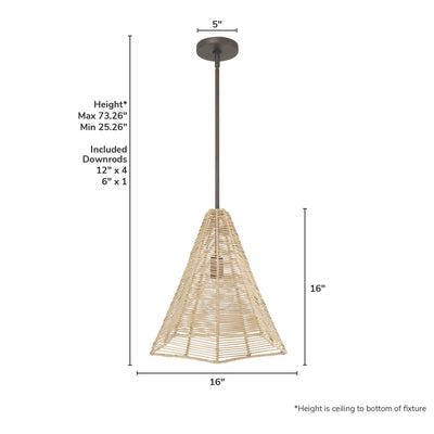 Comet 16-inch 1-light Matte Bronze Pendant with Natural Rattan Shade