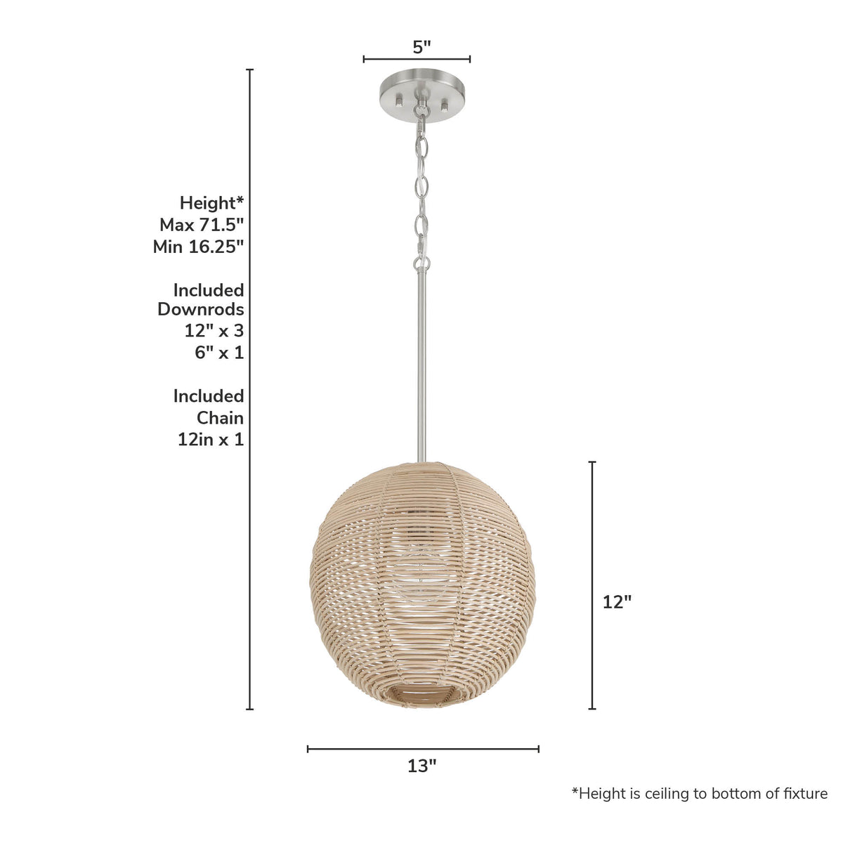 Berkeley 13-inch 1-light Brushed Nickel Orb Pendant with Natural Rattan Shade