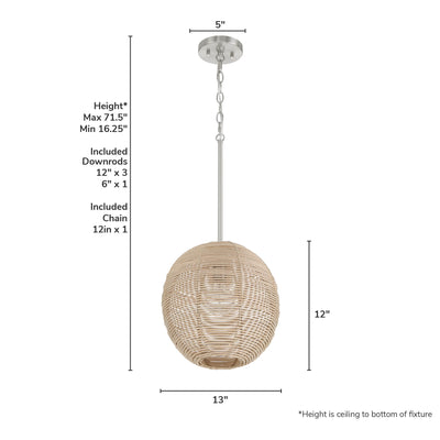 Berkeley 13-inch 1-light Brushed Nickel Orb Pendant with Natural Rattan Shade