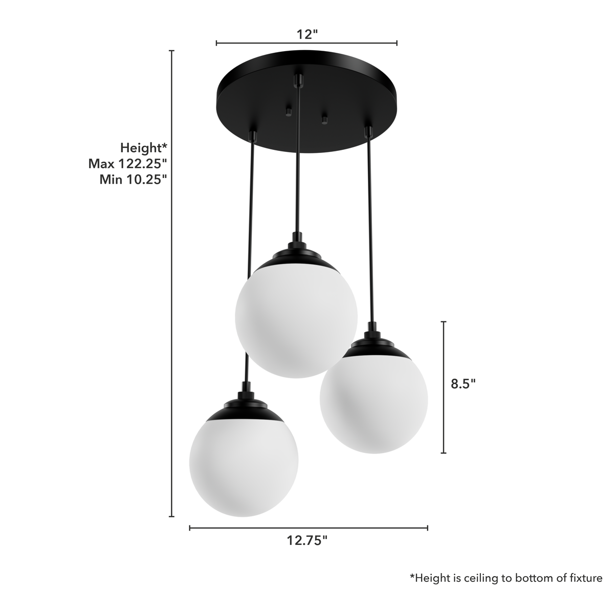 Hepburn 17-inch 3-light Matte Black Round Pendant Cluster with Cased White Glass