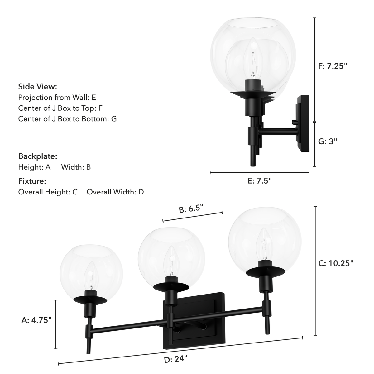 Xidane 24-inch 3-light Matte Black Vanity Light with Clear Glass