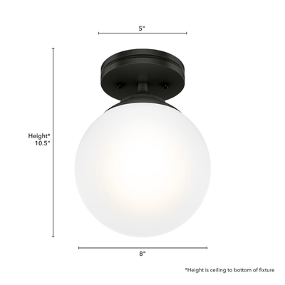 Hepburn 8-inch 1-light Matte Black Semi-Flush Mount with Cased White Glass