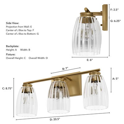Rossmoor 20.5-inch 3-light Luxe Gold Vanity Light with Clear Fluted Glass