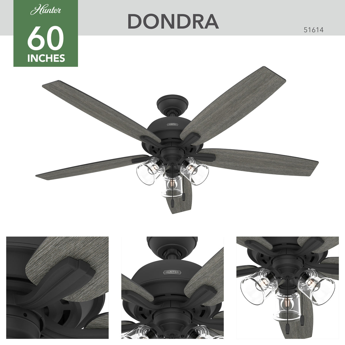 60 inch Dondra ENERGY STAR® Matte Black Ceiling Fan with LED Light Kit and Pull Chain