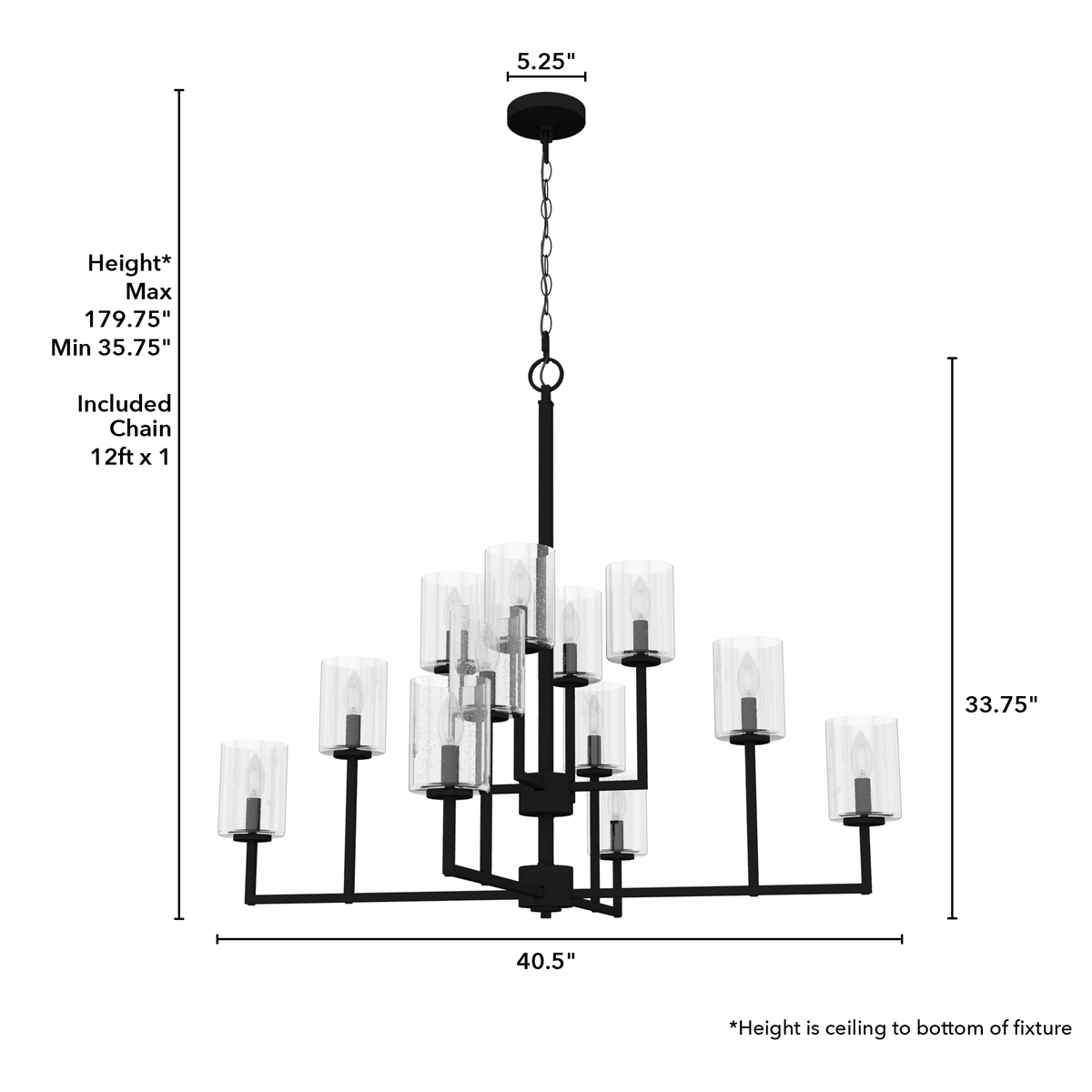 Kerrison 40.5-inch 12-light Natural Black Iron Chandelier with Seeded Glass