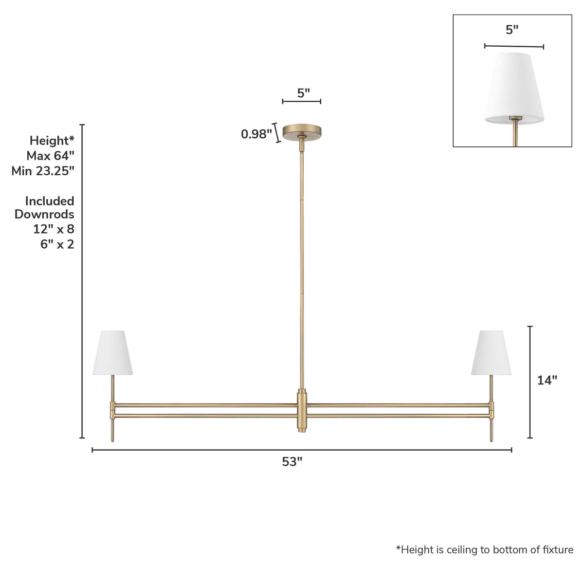 Camelia Stem 53-inch 2-light Luxe Gold and Off White Linen Linear Chandelier with White Linen Fabric Shade