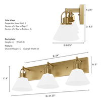 Carrington Isle 27.25-inch 3-light Luxe Gold Vanity Light with Cased White Glass