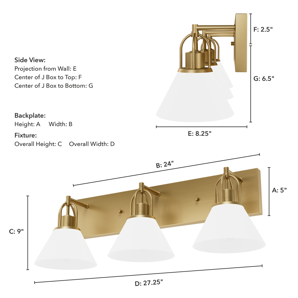 Carrington Isle 27.25-inch 3-light Luxe Gold Vanity Light with Cased White Glass