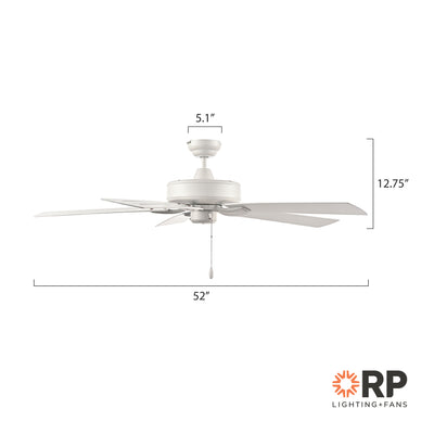52 Inch Velbreeze AC Matte White Outdoor Ceiling Fan 5-Blade