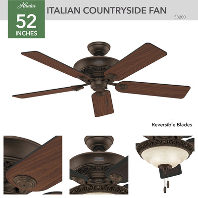 52 inch Italian Countryside P.A. Cocoa Ceiling Fan with LED Light Kit and Pull Chain