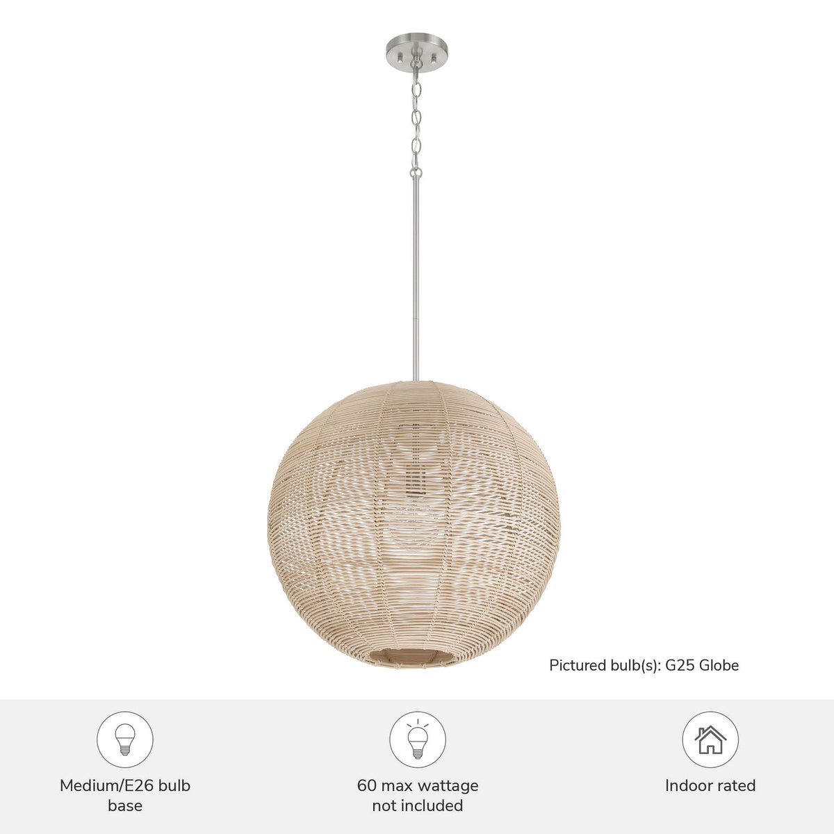 Berkeley 22-inch 1-light Brushed Nickel Orb Pendant with Natural Rattan Shade