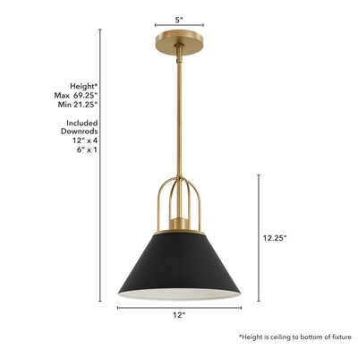 Carrington Isle 12-inch 1-light Matte Black and Luxe Gold Pendant with Matte Black Metal Shade