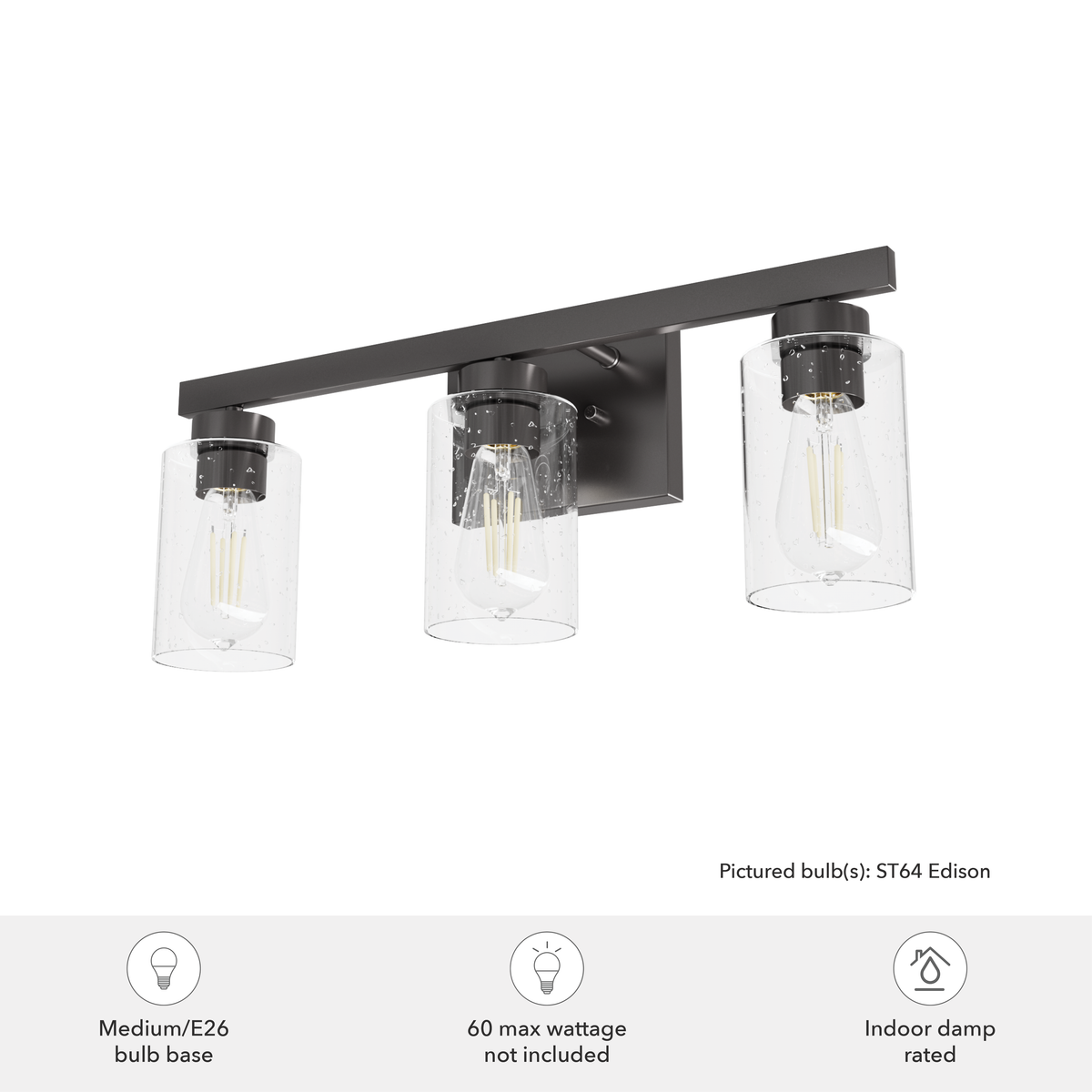 Hartland 22-inch 3-light Noble Bronze Vanity Light with Seeded Glass