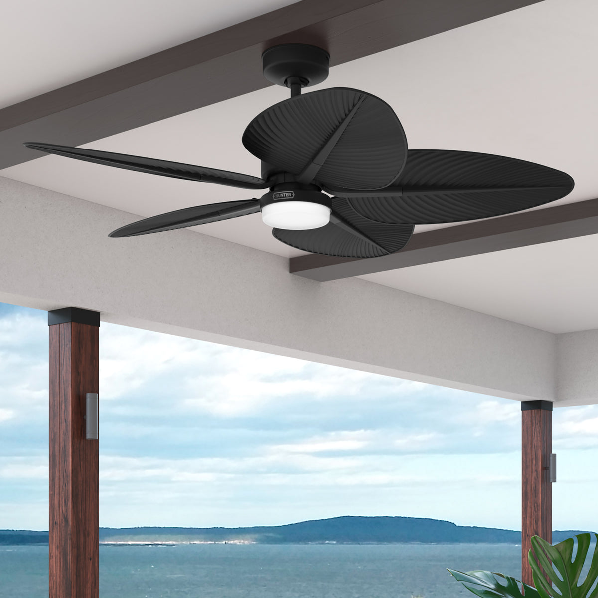 52 inch Tropic View Matte Black Damp Rated Ceiling Fan with LED Light Kit and Wall Control