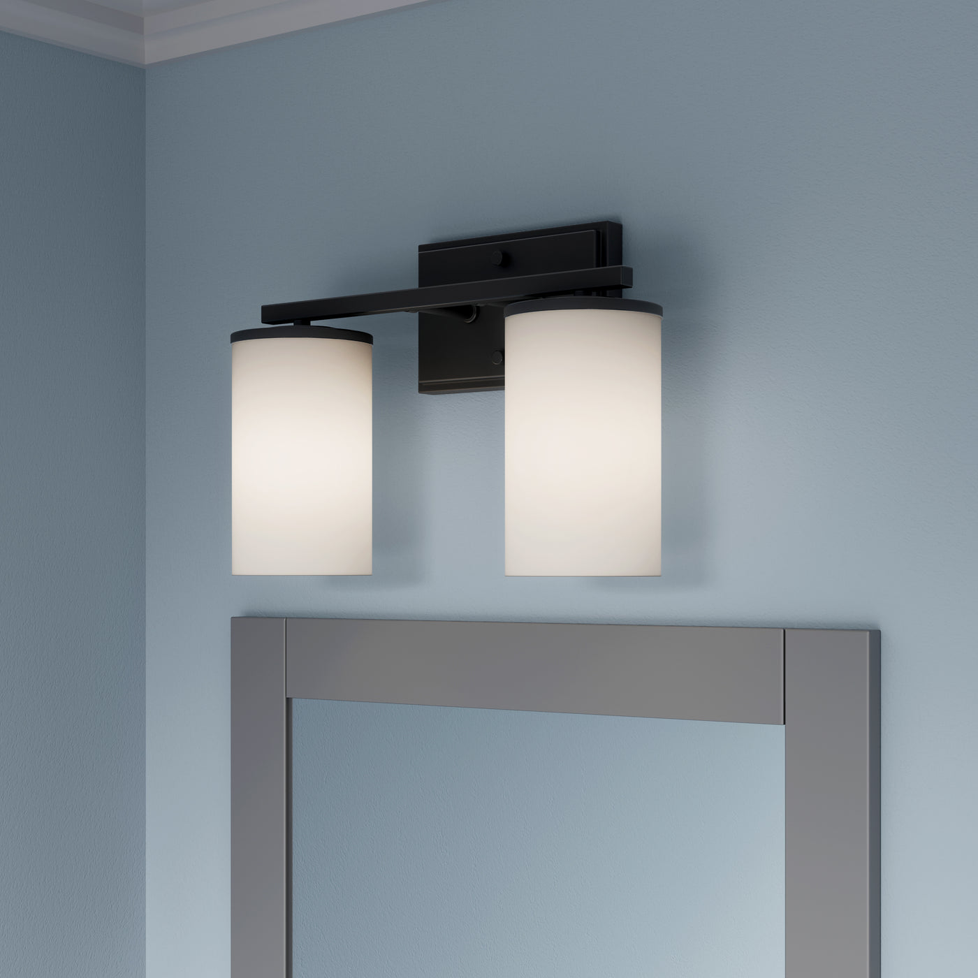 14-inch Verlana Matte Black 2-Light Etched White Glass Bathroom Vanity Light