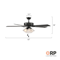 52 Inch Calivane AC Matte Black Indoor Ceiling Fan 5-Blade 4 Lights Reversible