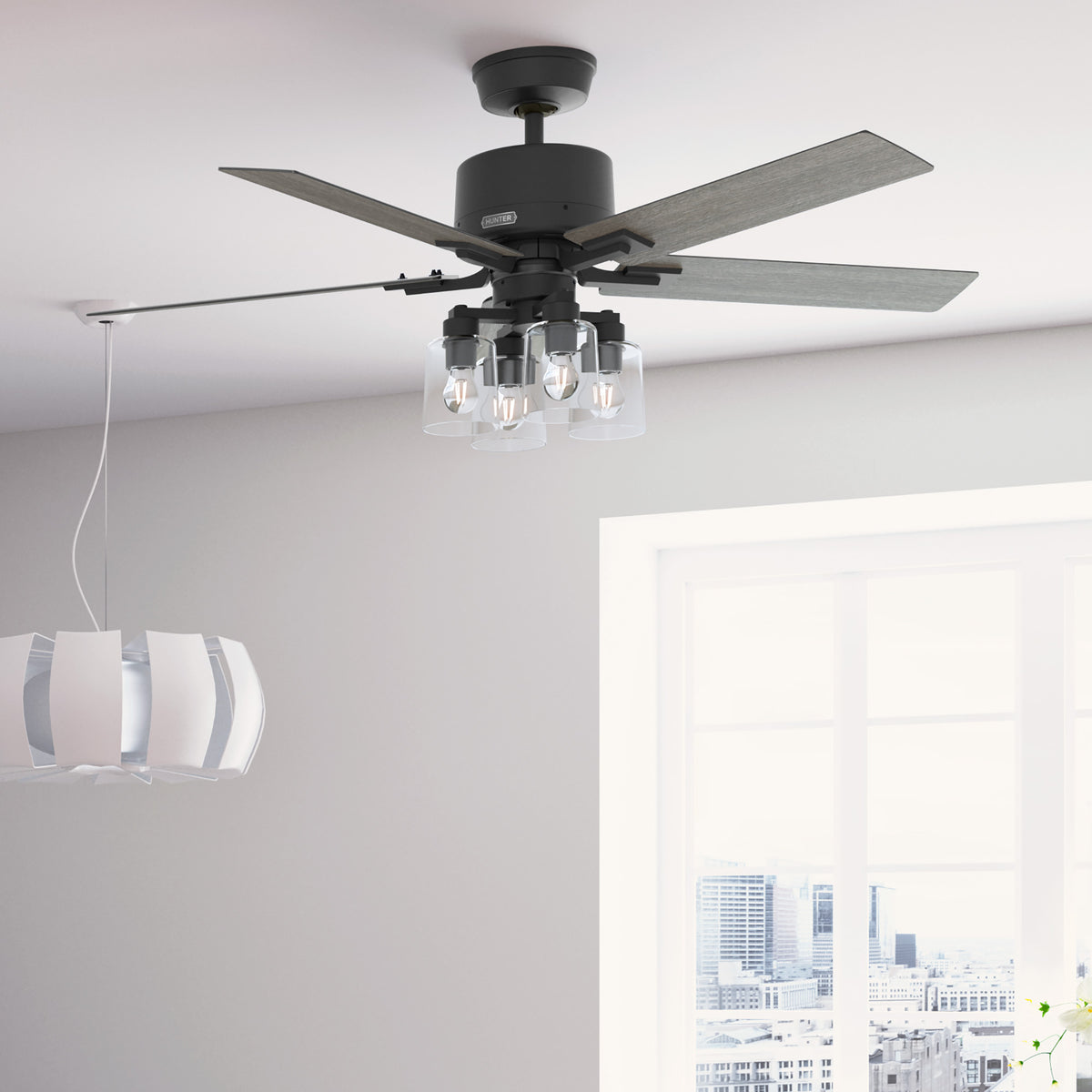 52 inch Techne Wi-Fi HunterExpress Matte Black Ceiling Fan with LED Light Kit and Handheld Remote
