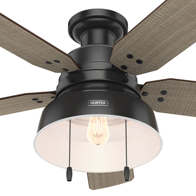 52 inch Mill Valley Matte Black Low Profile Damp Rated Ceiling Fan with LED Light Kit and Pull Chain