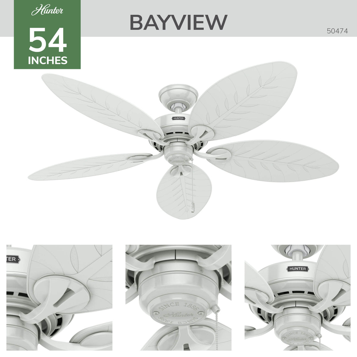 54 inch Bayview White Damp Rated Ceiling Fan and Pull Chain