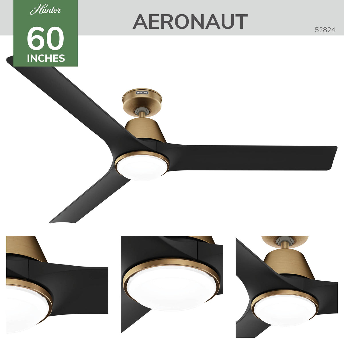 60 inch Aeronaut Wi-Fi ENERGY STAR® Luxe Gold Damp Rated Ceiling Fan with LED Light Kit and Handheld Remote