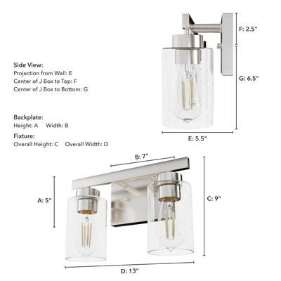 Hartland 13-inch 2-light Brushed Nickel Vanity Light with Seeded Glass