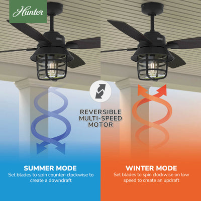 52 inch Port Royale Natural Black Iron Damp Rated Ceiling Fan with LED Light Kit and Handheld Remote