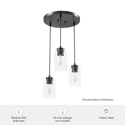 Hartland 13.75-inch 3-light Noble Bronze Round Pendant Cluster with Seeded Glass