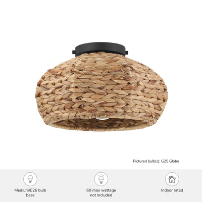 Cambria 14-inch 1-light Matte Black Flush Mount Ceiling Light with Natural Seagrass Shade