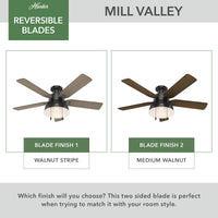 52 inch Mill Valley Matte Black Low Profile Damp Rated Ceiling Fan with LED Light Kit and Pull Chain