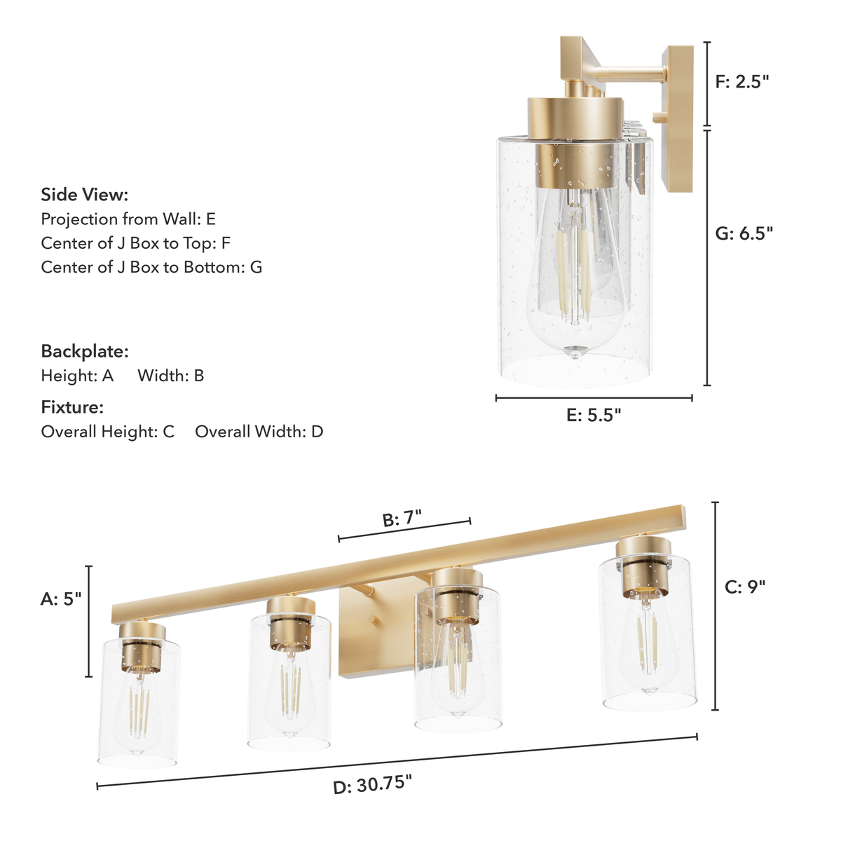 Hartland 31-inch 4-light Alturas Gold Vanity Light with Seeded Glass