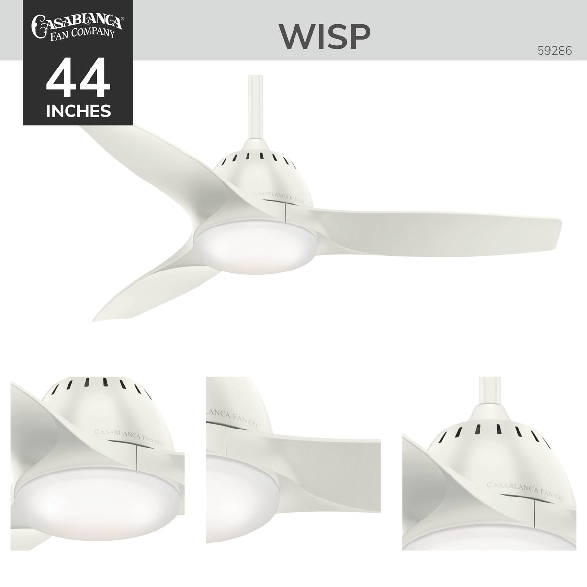 Casablanca 44 inch Wisp Fresh White Ceiling Fan with LED Light Kit and Handheld Remote