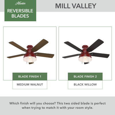 52 inch Mill Valley Barn Red Low Profile Damp Rated Ceiling Fan with LED Light Kit and Pull Chain