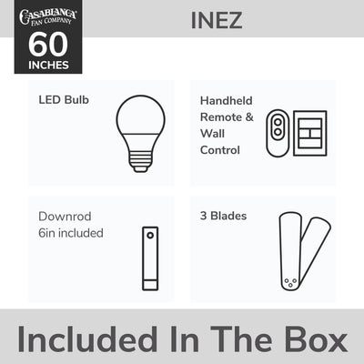 Casablanca 60 inch Inez ENERGY STAR® Brushed Nickel Damp Rated Ceiling Fan with LED Light Kit and Wall Control and Handheld Remote