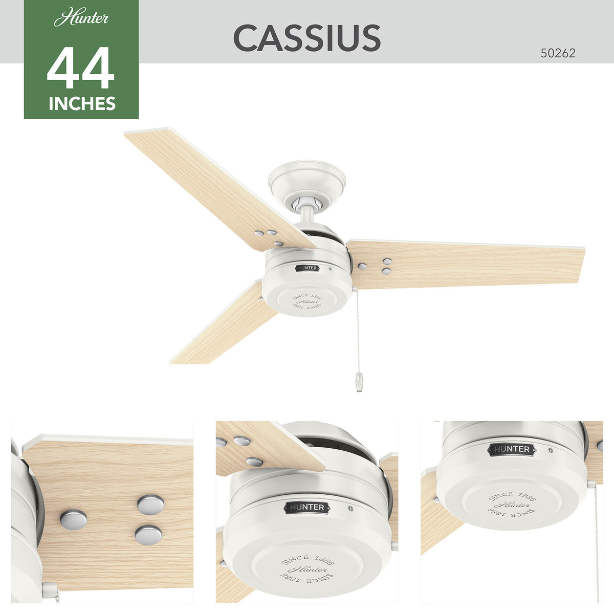 44 inch Cassius Fresh White Damp Rated Ceiling Fan and Pull Chain