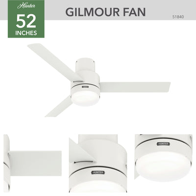 52 inch Gilmour Matte White Low Profile Damp Rated Ceiling Fan with LED Light Kit and Handheld Remote