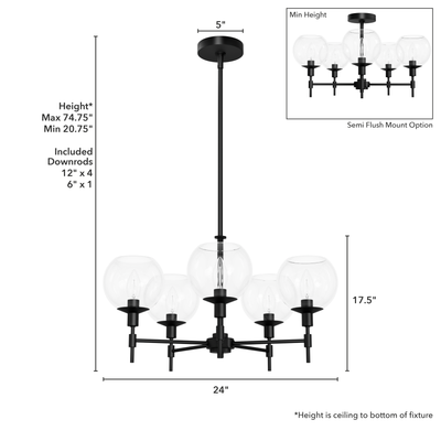 Xidane 24-inch 5-light Matte Black Chandelier with Clear Glass
