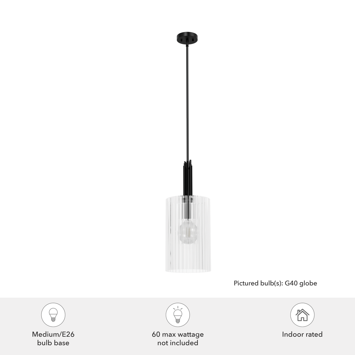 Gatz 10-inch 1-light Matte Black Pendant with Clear Fluted Glass