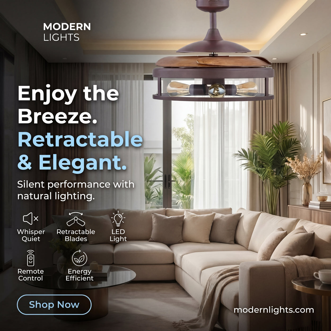 Classic 48 Inch 3 Light Bronze Fan with Retractable Blades