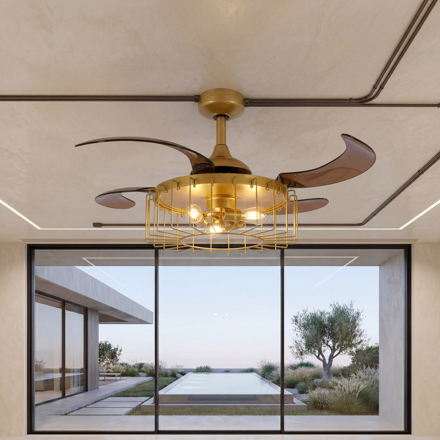 48 Inch Antique Gold Retractable Blade Ceiling Fan