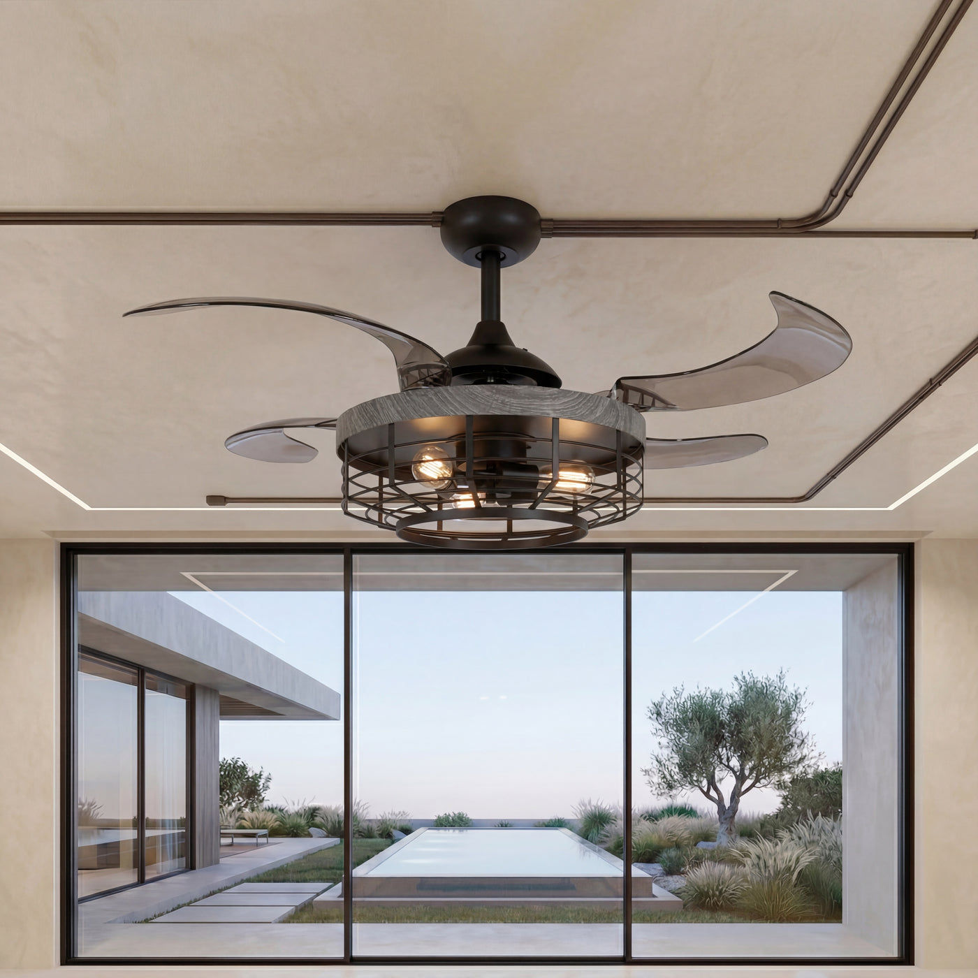 48 Inch Black Koa Retractable Blade Ceiling Fan