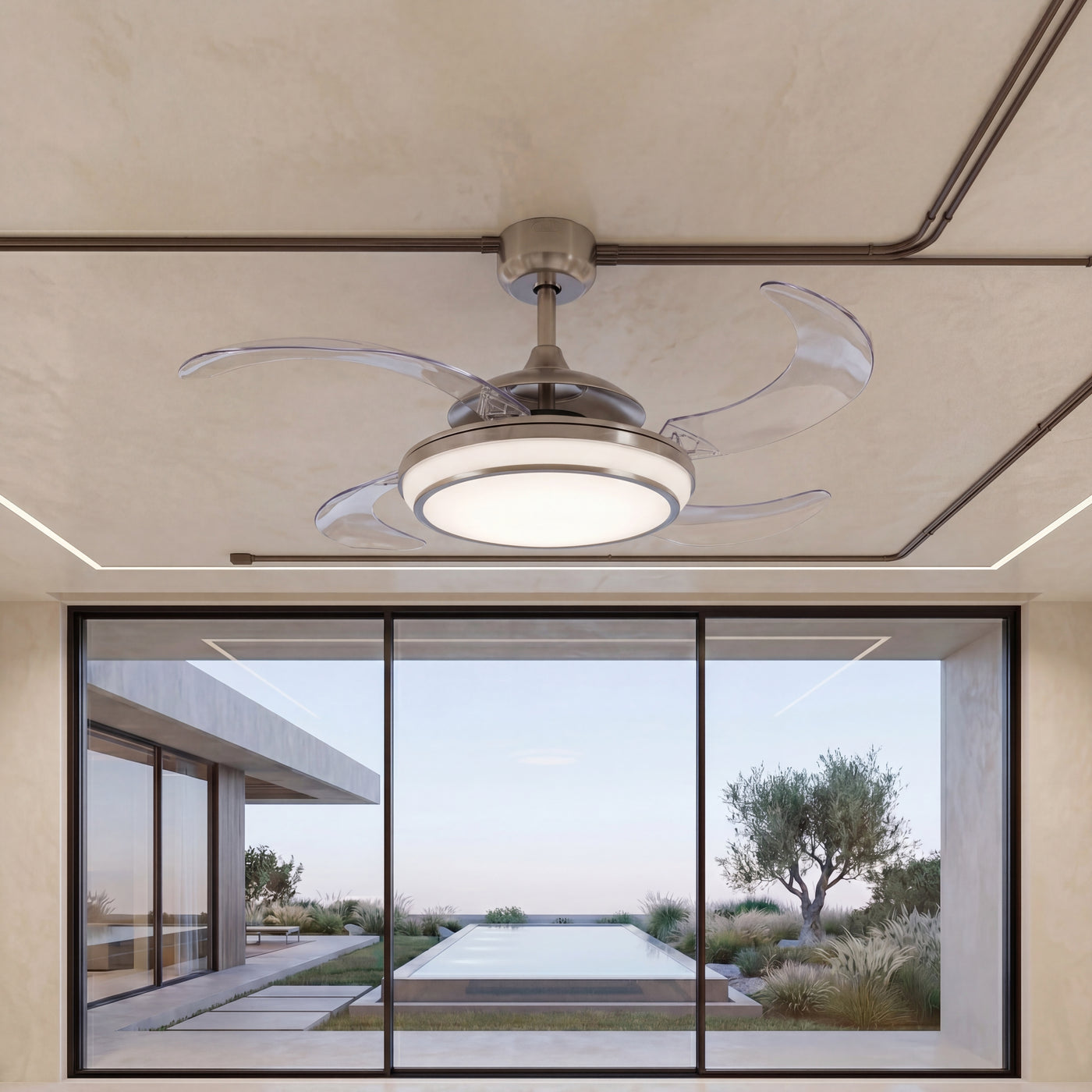 EVO1 48 Inch 1 Light Chrome Fan with Retractable Blades and LED