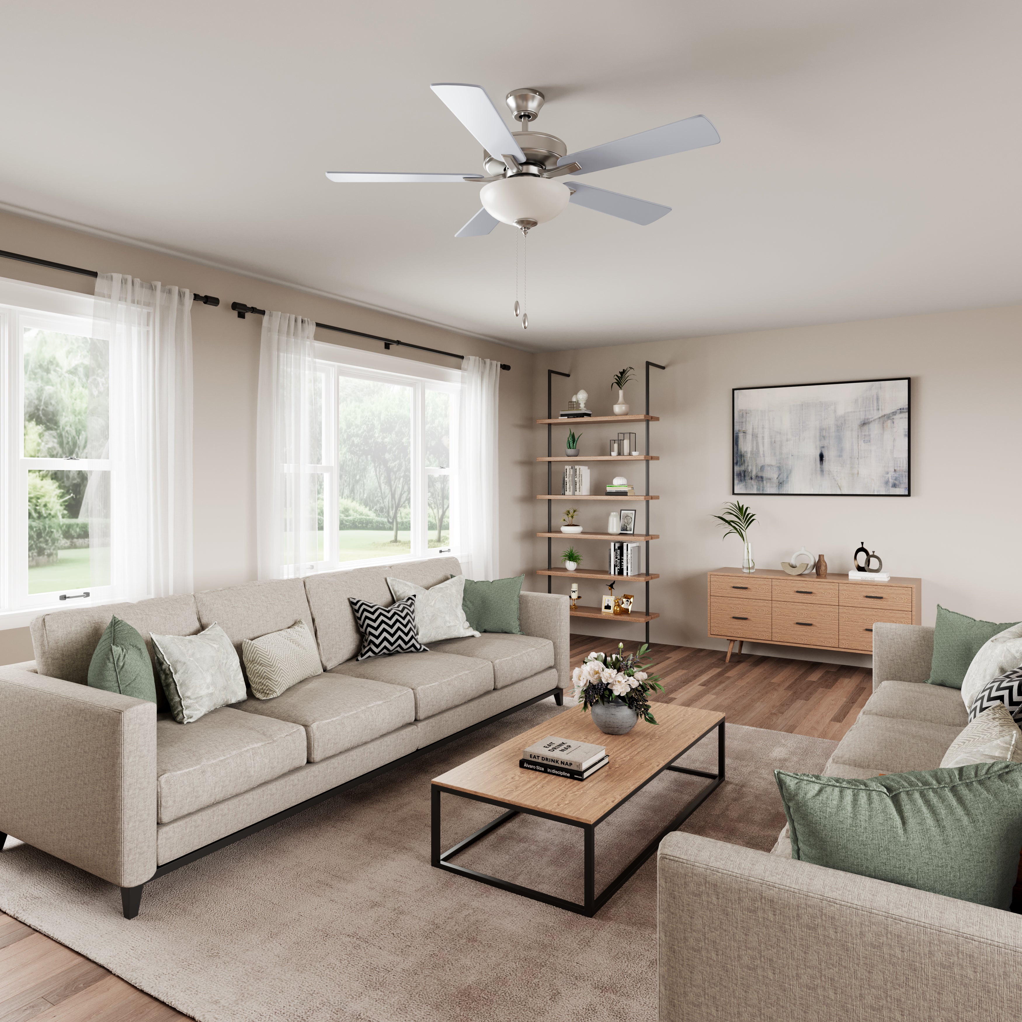 52 Inch Kintrel AC Brushed Nickel Indoor Ceiling Fan 5-Blade 2 Lights Reversible