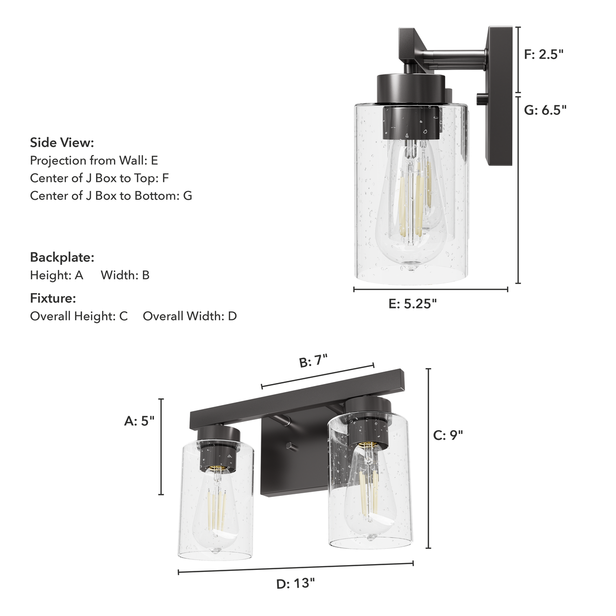 Hartland 13-inch 2-light Noble Bronze Vanity Light with Seeded Glass