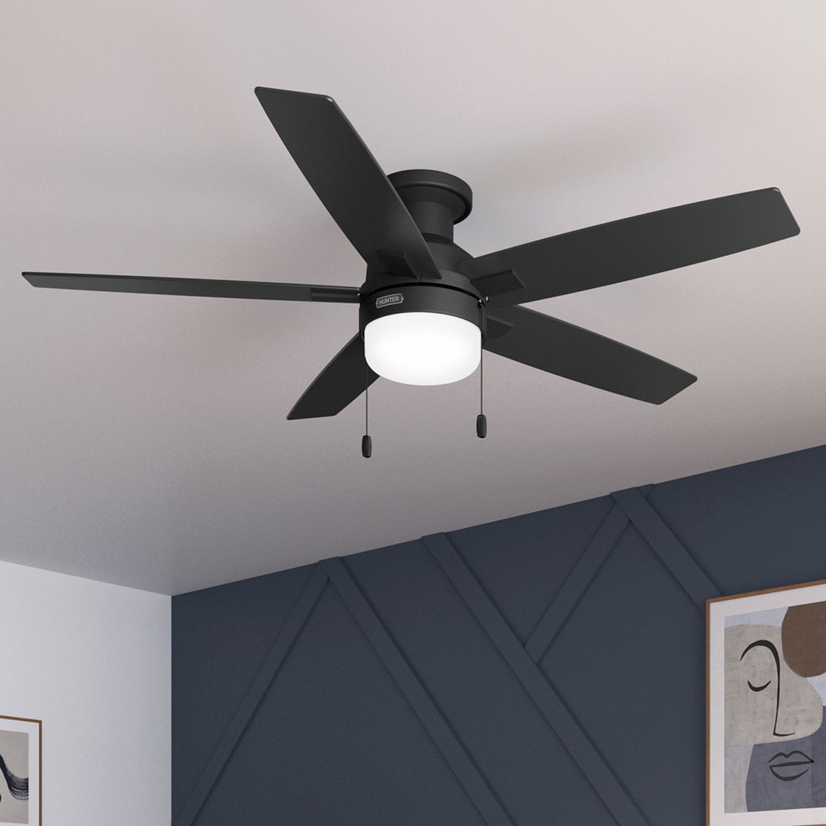 52 inch Anisten Matte Black Low Profile Ceiling Fan with LED Light Kit and Pull Chain