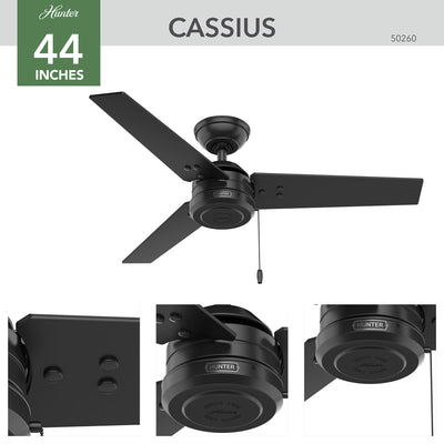 44 inch Cassius Matte Black Damp Rated Ceiling Fan and Pull Chain