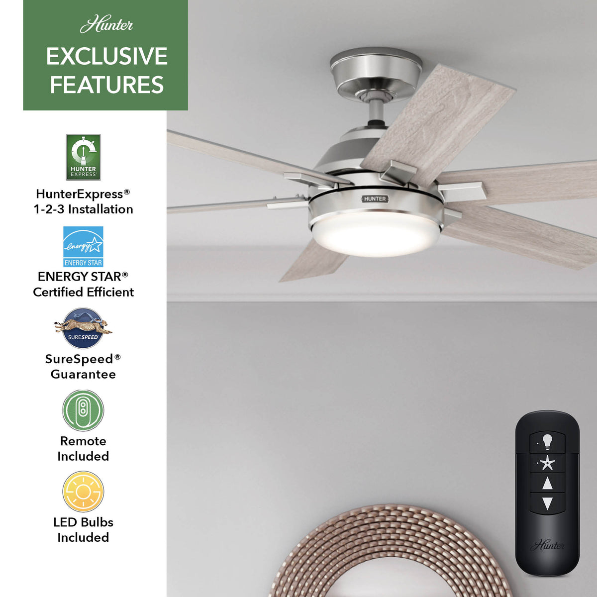 52 inch Georgetown ENERGY STAR® HunterExpress Brushed Nickel Ceiling Fan with LED Light Kit and Handheld Remote