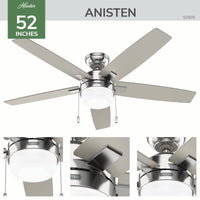 52 inch Anisten Brushed Nickel Ceiling Fan with LED Light Kit and Pull Chain