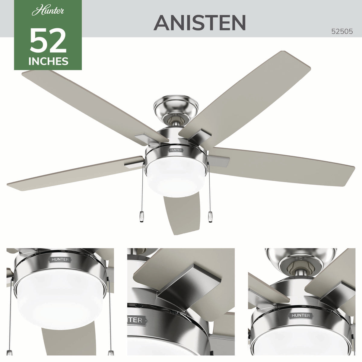 52 inch Anisten Brushed Nickel Ceiling Fan with LED Light Kit and Pull Chain