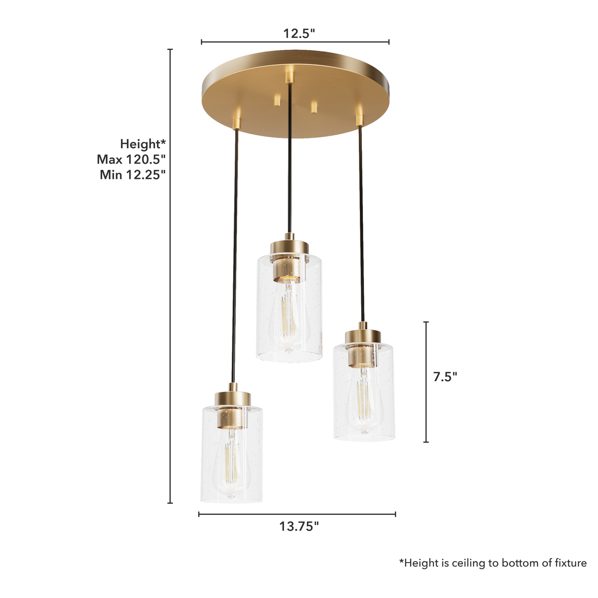 Hartland 13.75-inch 3-light Alturas Gold Round Pendant Cluster with Seeded Glass