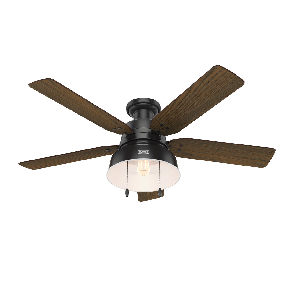 52 inch Mill Valley Matte Black Low Profile Damp Rated Ceiling Fan with LED Light Kit and Pull Chain